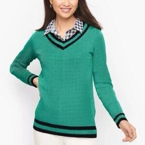 Talbots 100% Linen V-Neck Sweater Mint Green Navy Blue Trim Tennis Varsity L